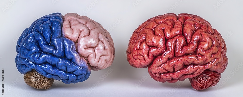 Poster two brains, one blue and one red, displayed side by side, symbolizing different cognitive functions 