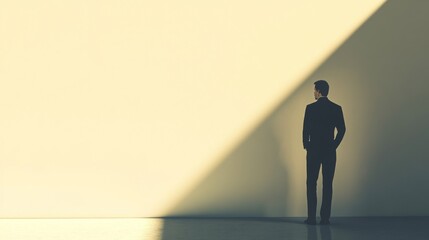 A businessman stands in a beam of light against a plain wall, looking towards a bright future.