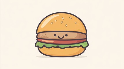 A cartoon hamburger with a smiling face, with lettuce, tomato, and sesame seed bun.