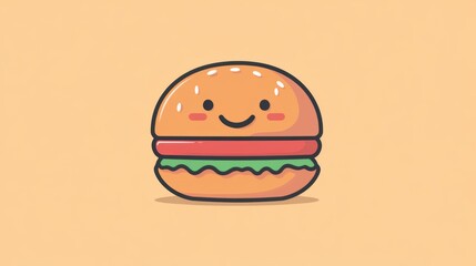 A cartoon burger with a happy face on a peach background.