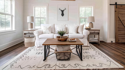 bright and airy living room featuring minimalist country design with white sofa, wooden coffee table, and decorative elements. space exudes warmth and comfort