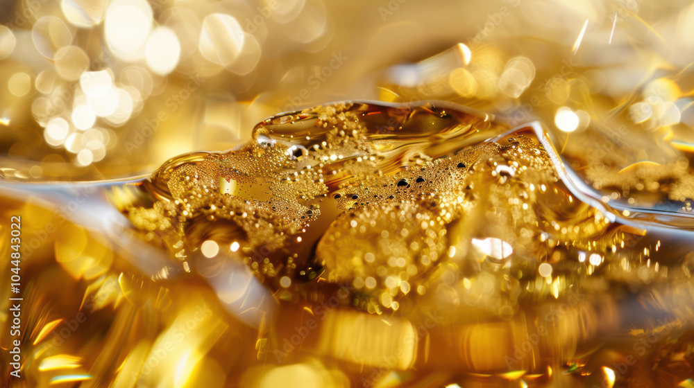Poster close up of shimmering gold flakes floating in clear liquid, creating mesmerizing visual effect. int
