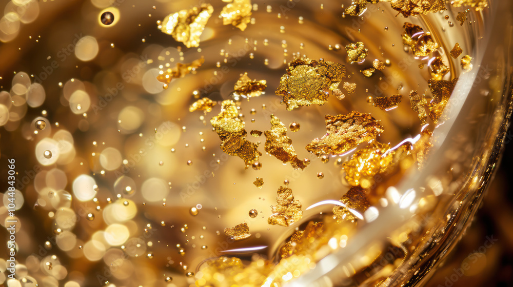Aufkleber close up of shimmering gold flakes floating in clear liquid, creating mesmerizing visual effect. int