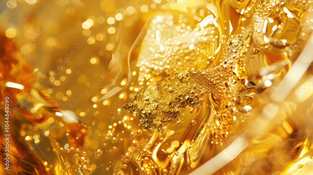 Poster close up of shimmering gold flakes floating in clear liquid, creating mesmerizing visual effect. vib
