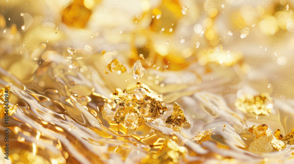 Aufkleber close up of shimmering gold flakes floating in clear liquid, creating mesmerizing visual effect. int