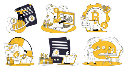 Crypto education. Individuals engaging with digital currencies, analyzing trends, working with blockchain technology and learning about investments. Ideal for beginners experts investors blockchain