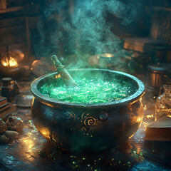 A close-up of a bubbling cauldron with glowing green potion, surrounded by magic ingredients in an atmospheric setting