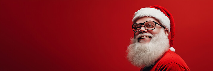 Naklejka premium man in a red sweater and glasses is smiling and looking up at the camera. The image has a festive and cheerful mood, likely representing the spirit of Christmas