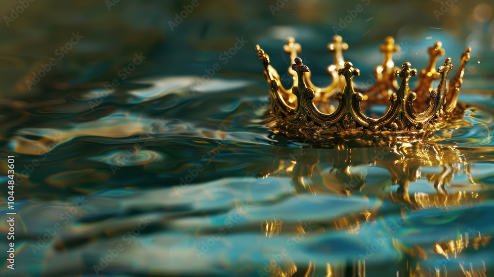 Poster gold crown floating above shimmering pool of water, casting reflections and creating serene atmosphe