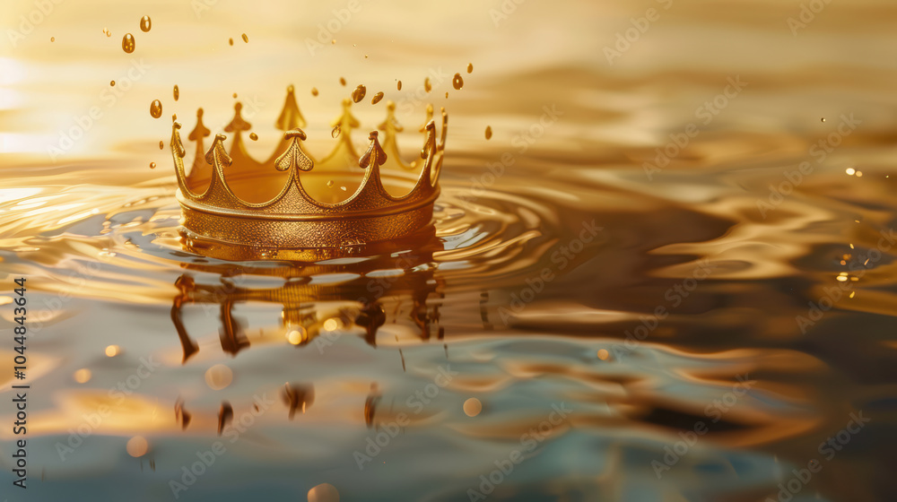 Poster gold crown floating above shimmering pool of water, creating ripples and reflections in warm light. 