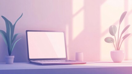 A laptop computer with a blank screen sits on a desk next to two potted plants. The sun shines in through the window behind the laptop.