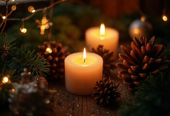 A Cozy Holiday Candle Amid Festive Pine and Golden Glitter