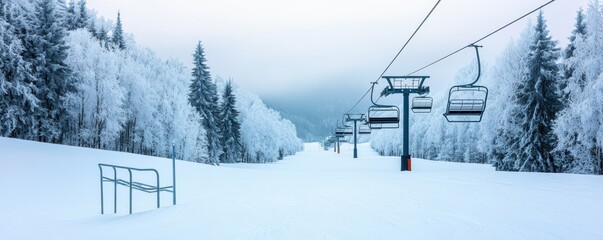 A serene winter landscape featuring a snow-covered ski slope and empty chairlifts amidst frosty trees under a cloudy sky.