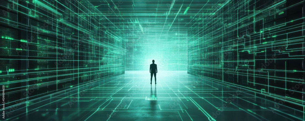 Poster a silhouette stands in a futuristic digital environment filled with glowing green lines and abstract