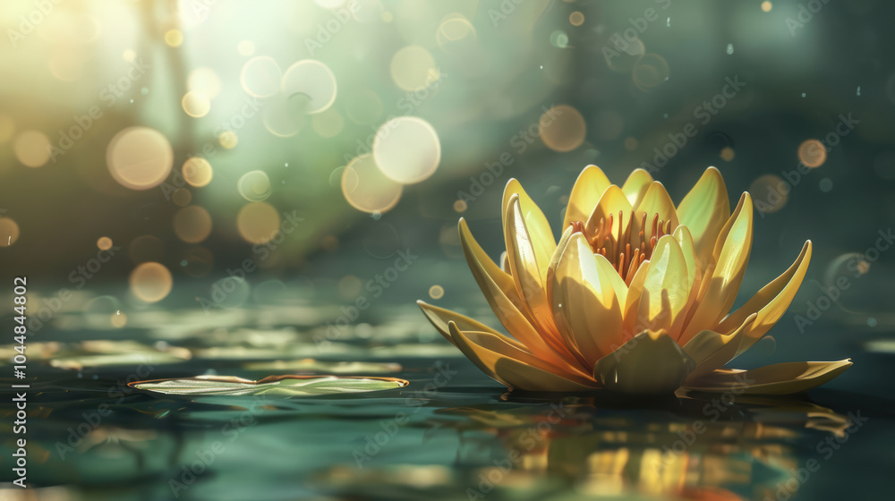 Poster golden lotus flower floating on water, symbolizing purity and tranquility, surrounded by soft bokeh 