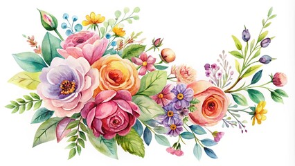 Watercolor floral bouquet clipart featuring hand painted flowers in a tilted angle