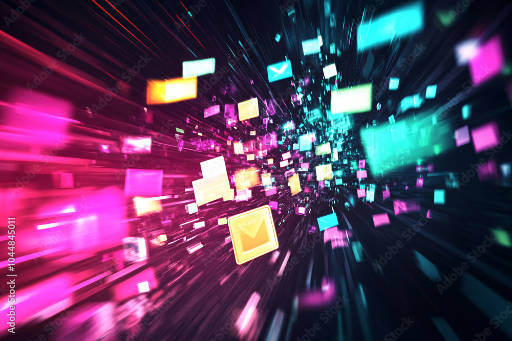 Aufkleber blurred motion of colorful data icons speeding through a digital dark background