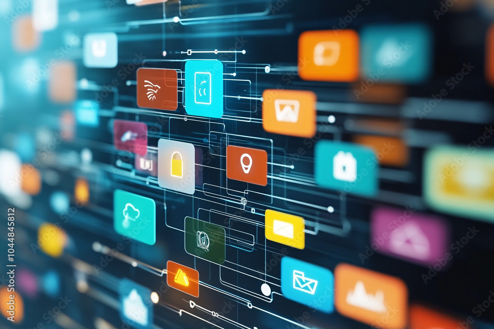 Poster digital screen showing colorful icons and connections on a dark futuristic background