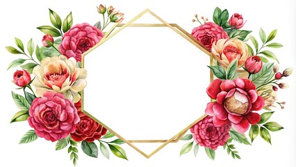 Fototapeta premium Watercolor floral illustration with golden frame
