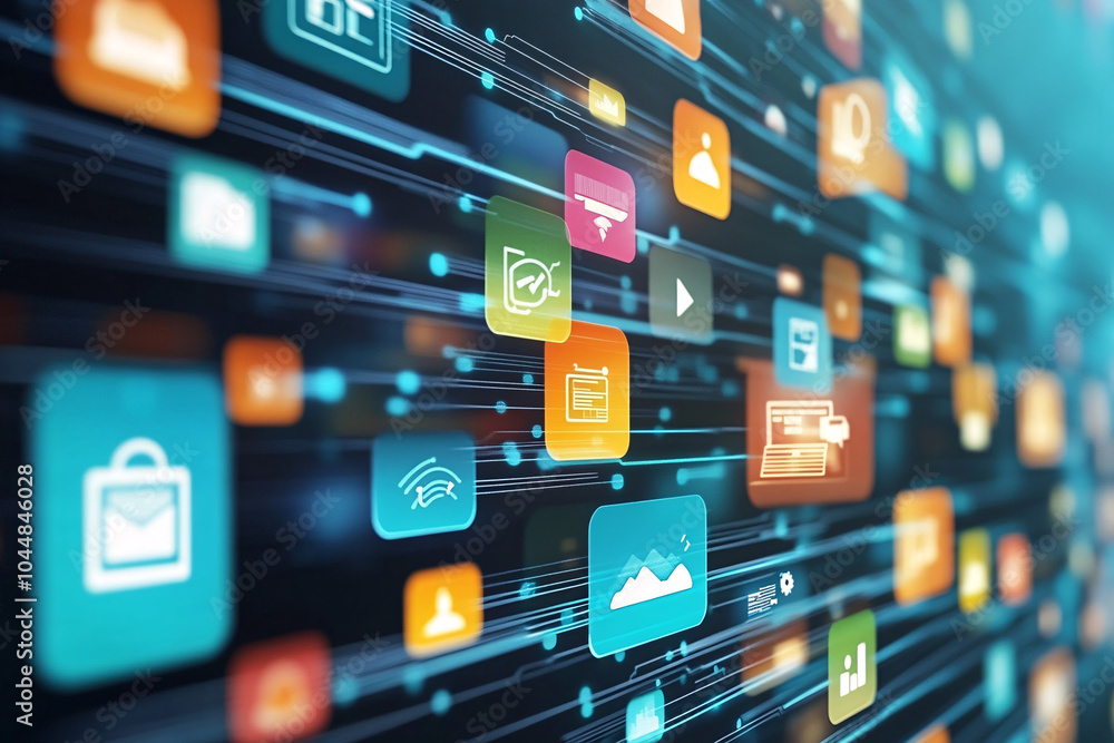 Poster a layered digital environment with colorful app icons connected by lines symbolizing technology, com