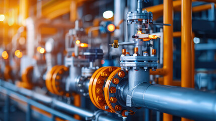 Obraz premium Industrial pipes and valves in petrochemical facility showcase intricate engineering and glowing lights, creating dynamic atmosphere of modern industry