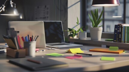 A 3D render of a desk with a laptop, sticky notes, and a pen holder