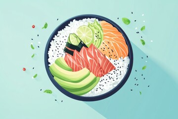 Minimalistic illustration of a deconstructed sushi bowl with avocado, salmon, and lime