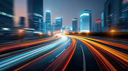 Long exposure of light trails from vehicles on busy city road, showcasing vibrant colors against backdrop of modern skyscrapers. dynamic movement creates energetic atmosphere