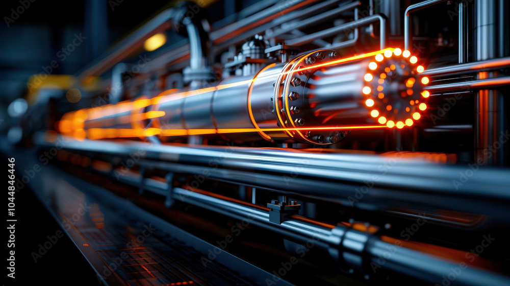 Poster high tech industrial machinery with glowing elements and intricate piping showcases advanced enginee