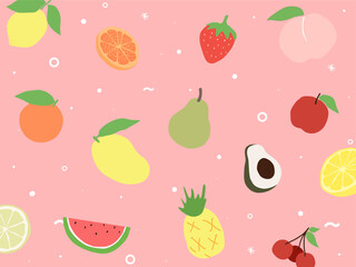 Fruits collection in flat simple pattern hand drawn background style.