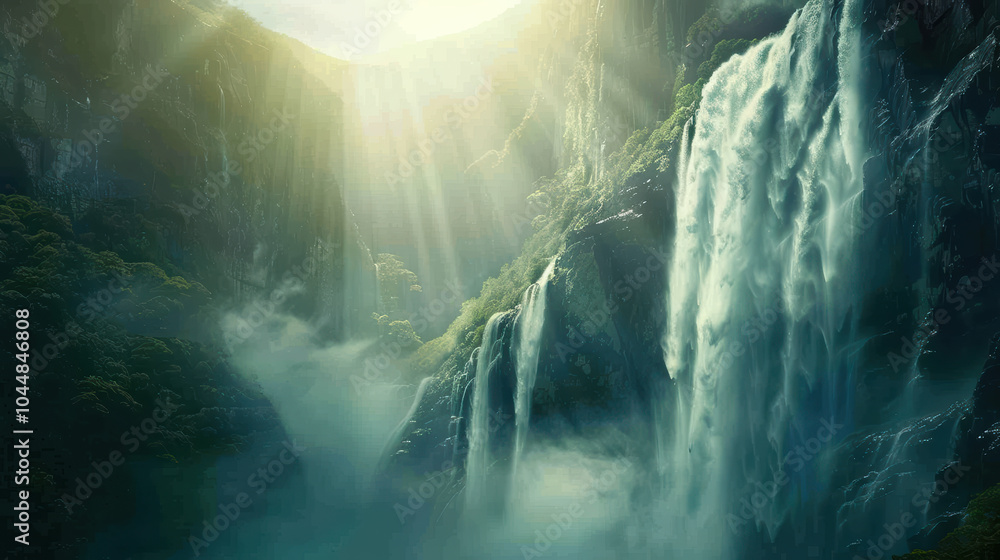 Poster majestic waterfall cascading down mountain, surrounded by lush greenery and mist. sunlight filters t