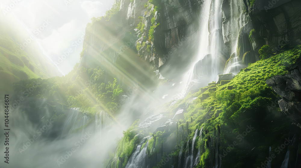 Poster majestic waterfall cascading down mountain, surrounded by lush greenery and mist. sunlight filters t