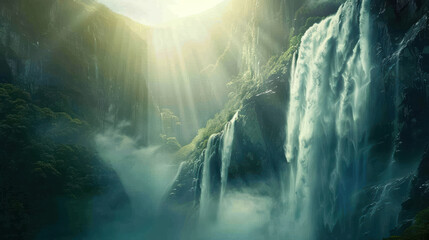 majestic waterfall cascading down mountain, surrounded by lush greenery and mist. Sunlight filters through cliffs, creating serene and tranquil atmosphere