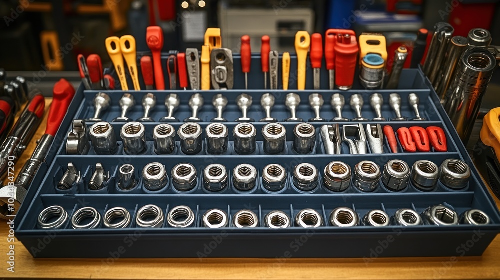 Poster organized tool tray with various sockets and wrenches for mechanics.