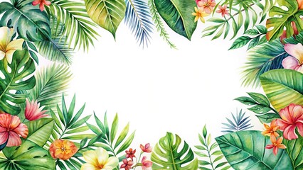 Naklejka premium Watercolor frame of tropical leaves and flowers on white background
