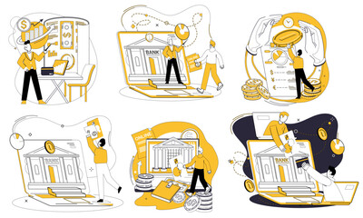 Online banking. Various scenes depict activities like mobile banking, financial analysis, investment management, and secure transactions. Ideal for financial services, tech-savvy users, personal