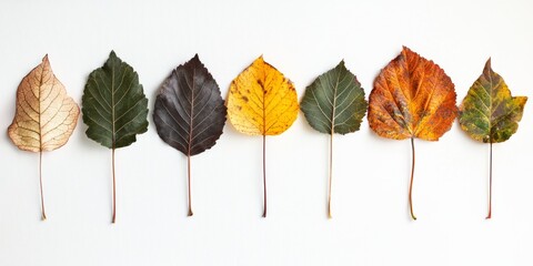 A collection of autumn leaves arranged in a line on a white background.