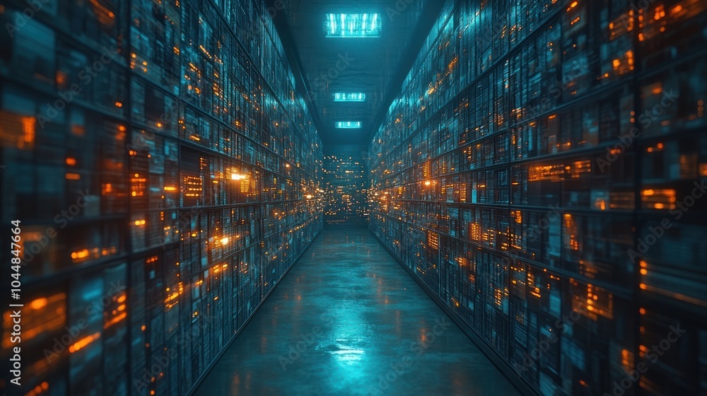 Poster a futuristic data center with glowing screens on the walls, representing the vast amount of informat