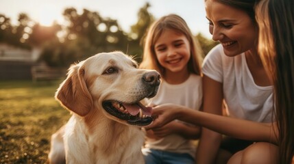 Family petting their dog, smiling happily, backyard setting, gentle and loving moment