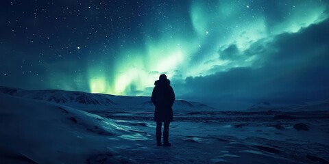 Fototapeta premium Silhouette of a person gazing at the Northern Lights in a frozen landscape, silhouette, natural wonder