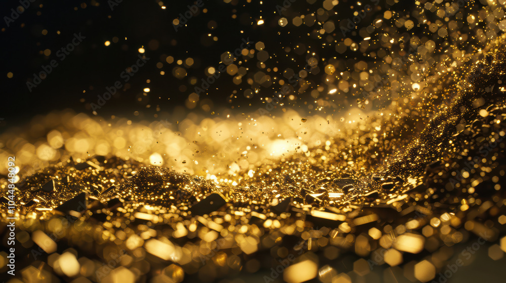 Poster mesmerizing pile of gold dust sparkles under direct light, creating stunning visual effect. shimmeri