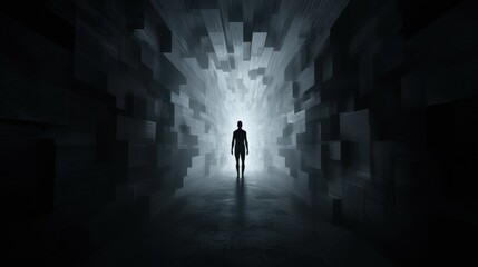 Silhouette of Figure in Abstract Dark Corridor