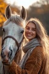 Obraz premium A young woman smiling beside her white horse in a serene autumn setting.
