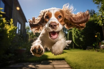 English cocker spaniel young dog pet outdoors smiling.