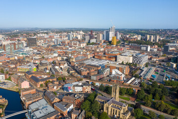 Aerial drone photo of the Leeds city centre showing the main city centre from above on a bright sunny summers day in the West Yorkshire city