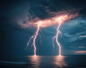 Fototapeta premium Multiple lightning bolts crossing over an open ocean during a storm, lightning bolt, powerful nature