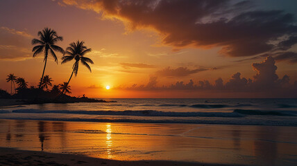 Tranquil Sunset Over Cuban Beach with Palm Trees