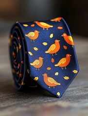 A stylish tie featuring a vibrant bird pattern in orange and yellow, set against a navy blue background, perfect for adding a pop of personality to formal attire.