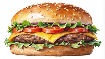 Watercolor illustration of a cheeseburger on a white background