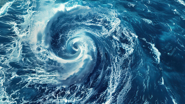powerful whirlpool forming in middle of ocean creates mesmerizing display of swirling water and frothy waves. dynamic movement evokes sense of awe and wonder